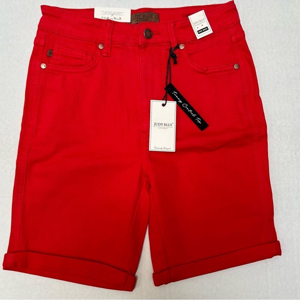 Judy Blue NWT Tummy Control Red Bermuda Denim Jean Shorts Style #150279 Medium - Picture 5 of 6